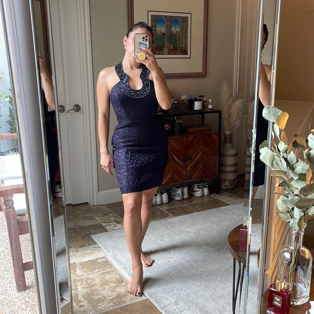 Laundry navy blue halter cocktail dress